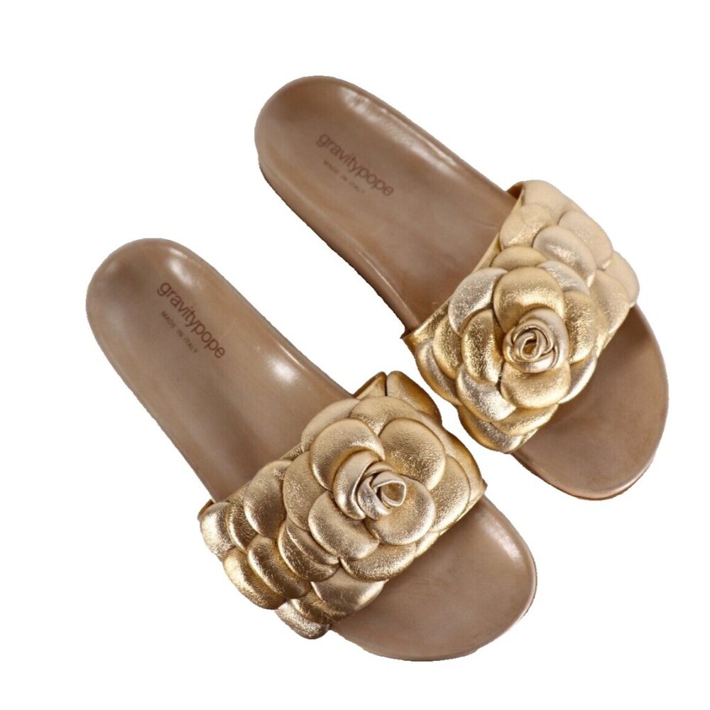 Gravati Poppa Metallic Gold Floral Slide Sandals for Women